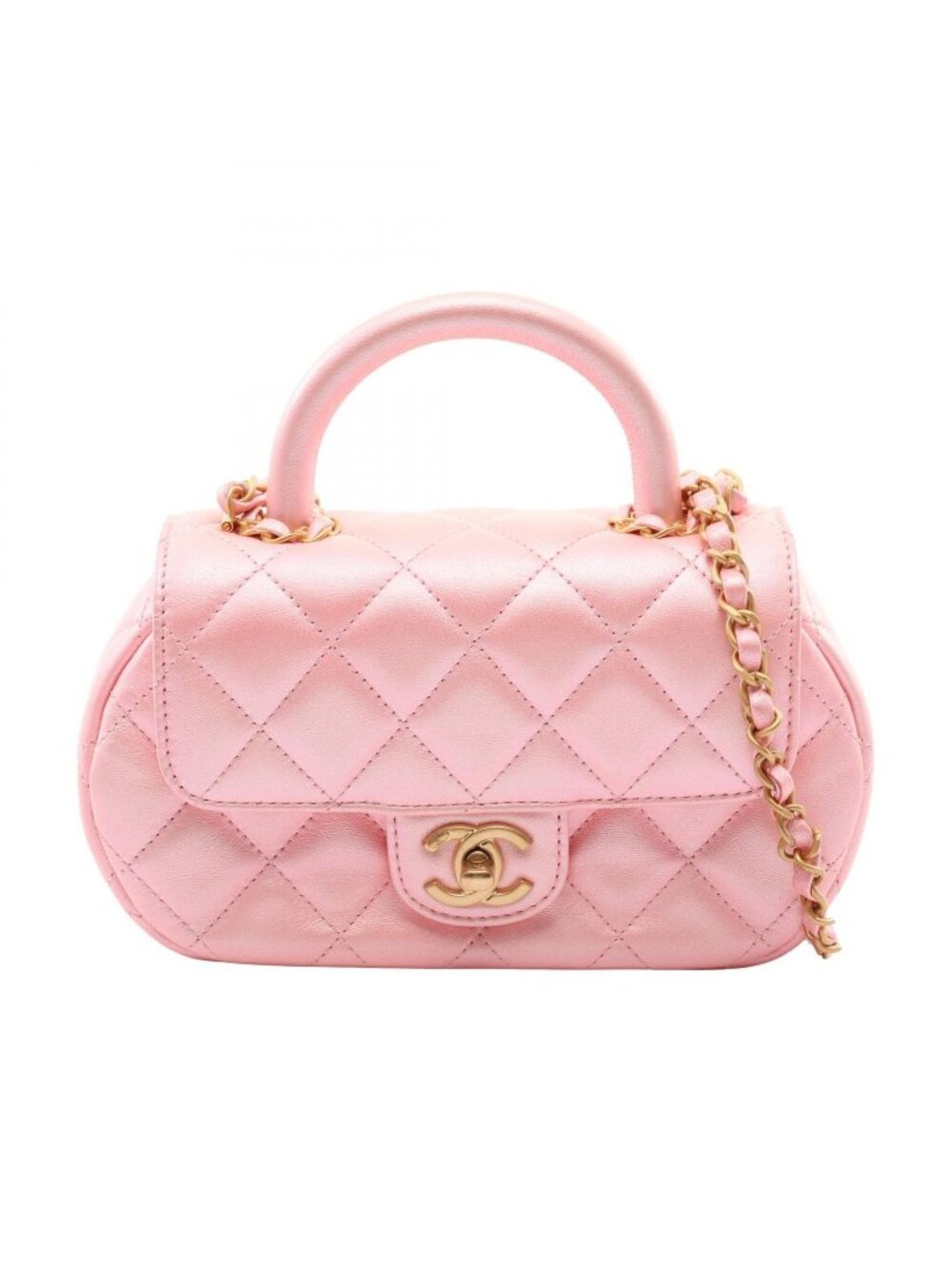 Chanel Shoulder Bag Quilted Top Handle 2-Way Pearl Pink Fabric Chain